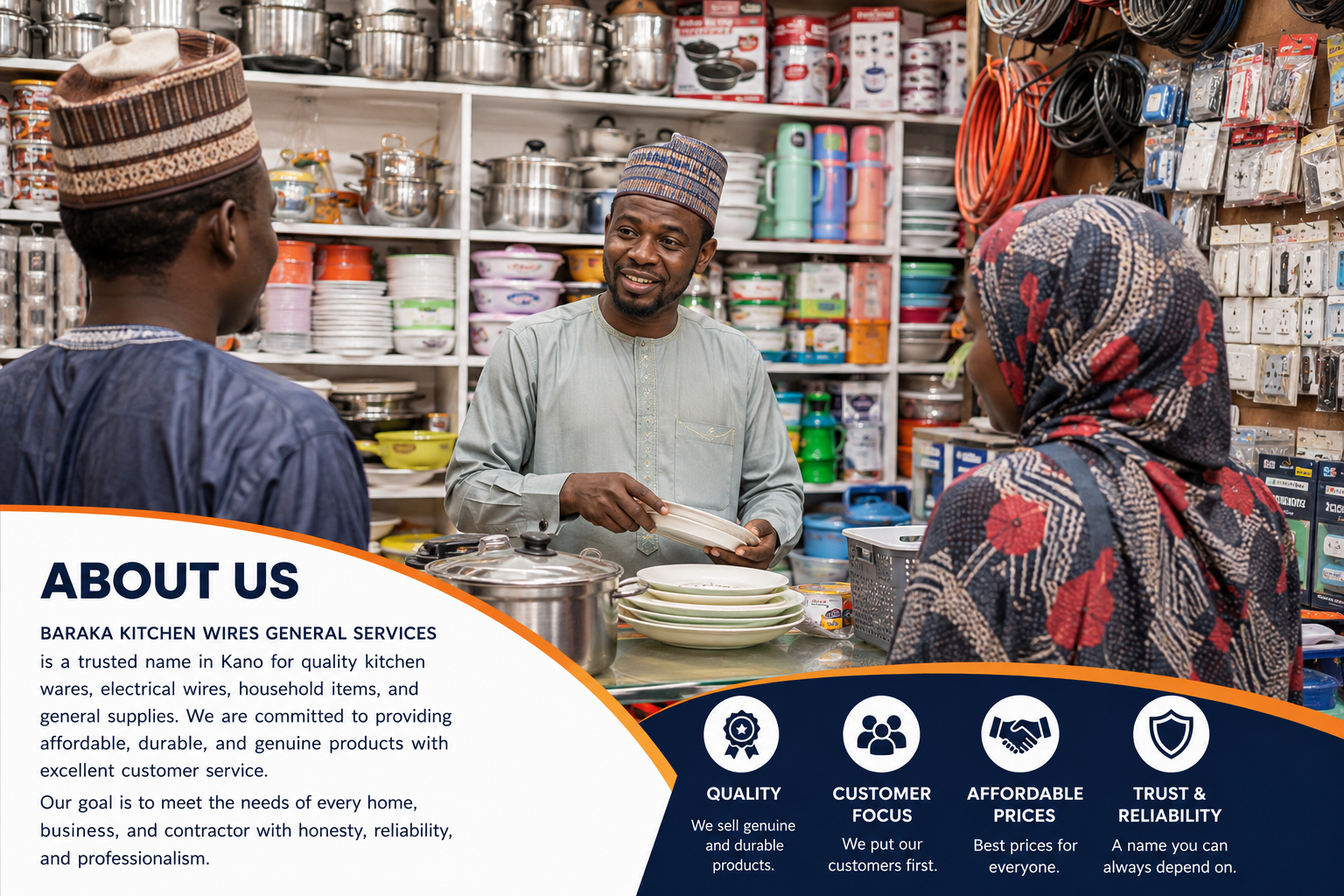 Inside Baraka Kitchen Wires General Services store in Kano